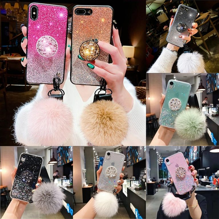 Note10Pro DIY crystal holder+Fur Ball+Strap Phone case For iPhone 11 PRO MAX 6 6s 8 7 Plus XSMAX XR Gradient Bling Glitter Coque