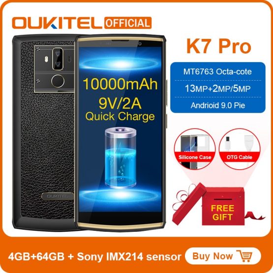 OUKITEL K7 Pro Smartphone Android 9.0 MT6763 Octa Core 4G RAM 64G ROM 6.0" FHD+ 18:9 10000mAh Fingerprint 9V/2A Mobile Phone