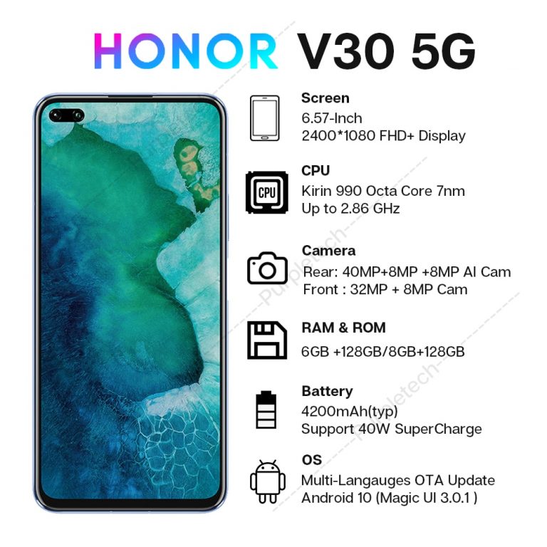 Honor V30 Google Play Kirin990 7nm Octa core 5G Smartphone 6GB 8GB 128GB