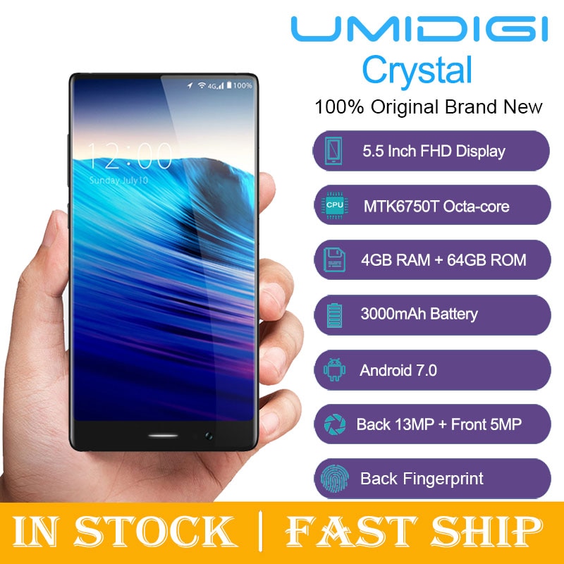UMIDIGI Crystal 4GB RAM 64GB ROM 5.5 inch Android 7.0 MTK6750T Octa Core 1.5GHz Fingerprint Scanner Glonass 4G Smartphone
