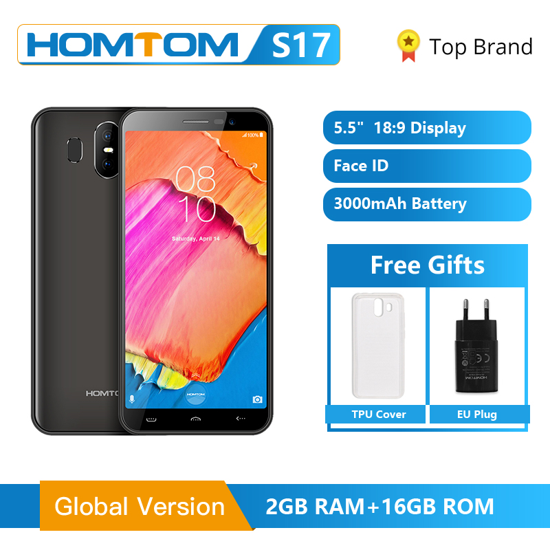 Original HOMTOM S17 Android 8.1 Quad Core 5.5" 18:9 Full Display Smartphone Fingerprint Face ID 2GB RAM 16GB ROM Mobile Phone