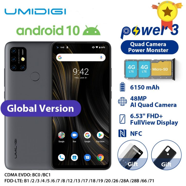 UMIDIGI Power 3 Moblie Phone Android 10 48MP Quad AI Camera 6150mAh 6.53" FHD+ 4GB 64GB Helio P60 Global Version Smartphone NFC UMIDIGI Power 3 mini mobile phone showing 48 MP quad AI camera setup and 6.53″ FHD+ display.