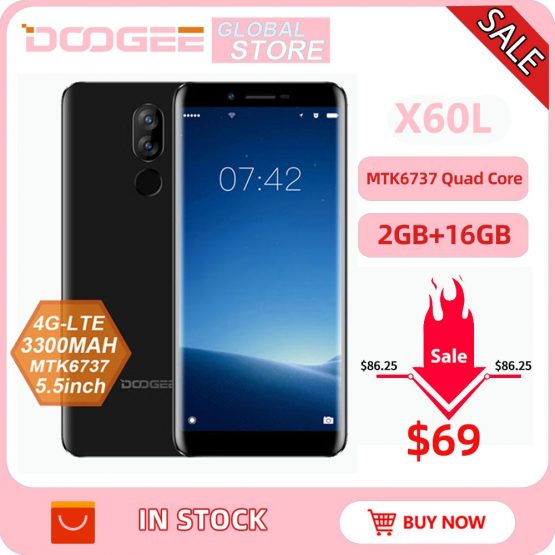 Origina DOOGEE X60L 5.5'' MTK6737 Quad Core 2GB RAM 16GB ROM 4G Dual Camera 13.0MP Android 7.0 3300mAh fingerprint Smartphone