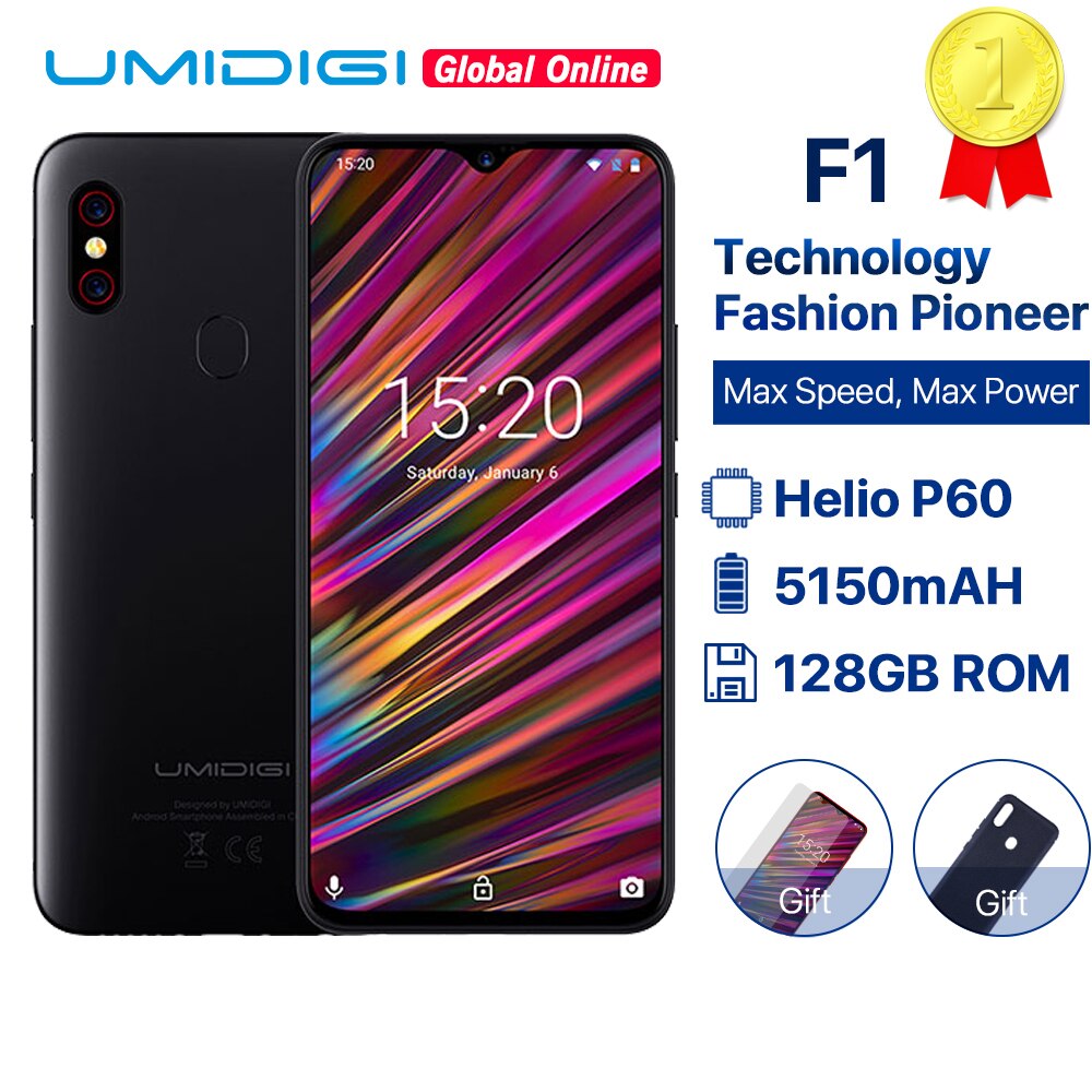 UMIDIGI F1 6.3" Waterdrop FHD smartphone Android 9.0 Helio P60 AI Global Band 128GB 5150mAh Mobile phone NFC 16MP 4G cell phones