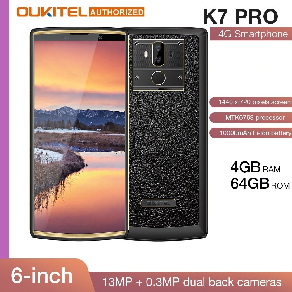 OUKITEL K7 Pro 4G RAM 64G ROM Smartphone Android 9.0 MT6763 Octa Core 6.0" FHD+ 18:9 Big Screen10000mAh Fingerprint Mobile Phone