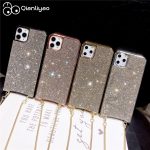 Qianliyao Luxury Rhinestone Case For iPhone 11 Pro Max XR XS Max X 7 8 6 6S Plus Cases Long Gold Metal Chain Lanyard Soft Cover