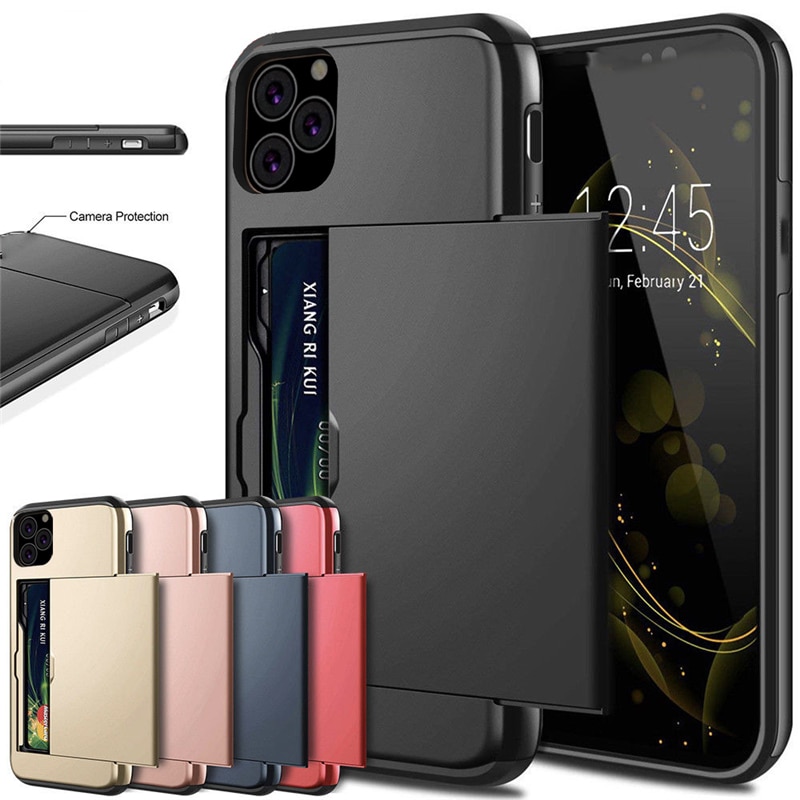 For iPhone 11 Pro Max XS X XR Case Slide Armor Wallet Card Slots Holder Cover For IPhone 7 8 6 6s Plus 5 5s TPU Shockproof Shell