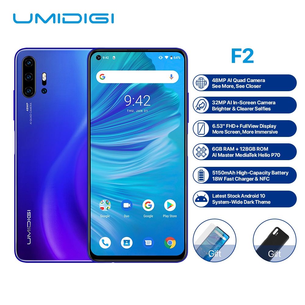 UMIDIGI F2 Smartphone Android 10 Helio P70 48MP AI Quad Cameras 5150mAh 6GB RAM 128GB ROM 6.53" FHD+ NFC Global Version Dual 4G