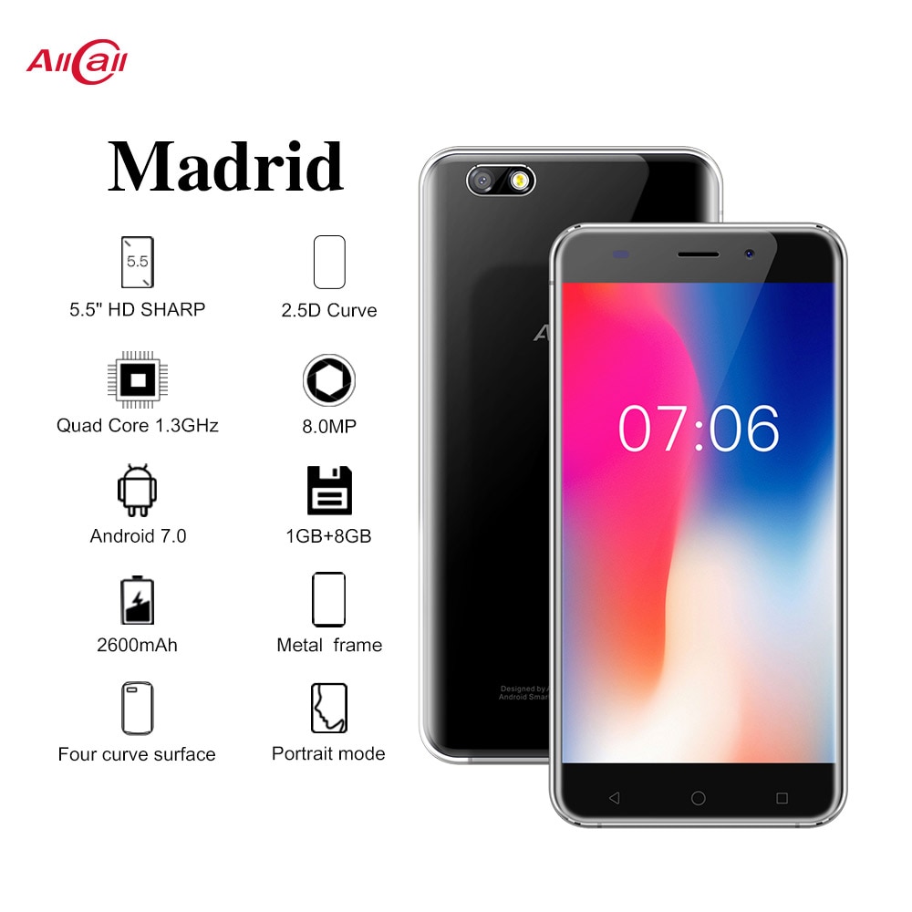 AllCall Madrid 3G SmartPhone 5.5-Inch 1280x720 Pixels HD Display MTK6580 Quad-core 1GB RAM 8GB ROM 8MP+2MP Cameras Mobile Phone