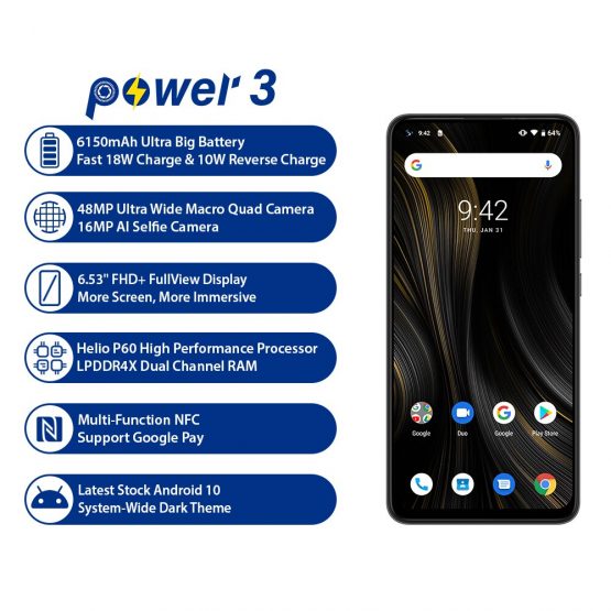 UMIDIGI Power 3 Phone Android 10 48MP Quad AI Camera 6150mAh 6.53" FHD+4GB 64GB Helio P60 Global Version Smartphone NFC Pre-sale