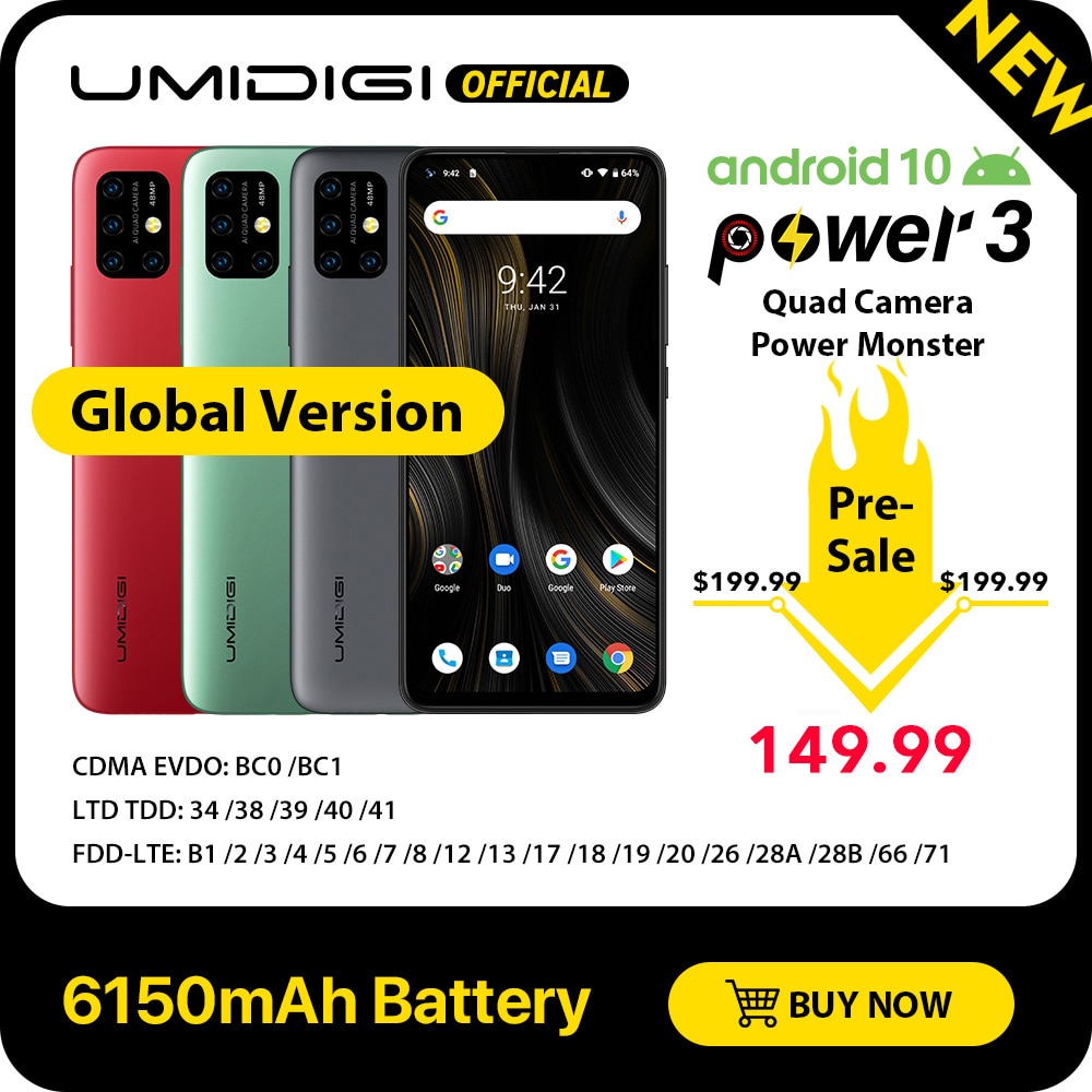 UMIDIGI Power 3 Android 10 48MP Quad AI Camera 6150mAh 6.53" FHD+ 4GB 64GB Helio P60 Global Version Smartphone NFC Pre-sale