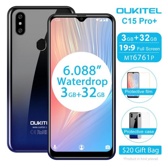 OUKITEL C15 Pro+ 6.088'' 19:9 Smartphone Android 9.0 Pie 4G FDD Mobile Phone 3GB 32GB MT6761 Waterdrop Screen Face ID Cellphone