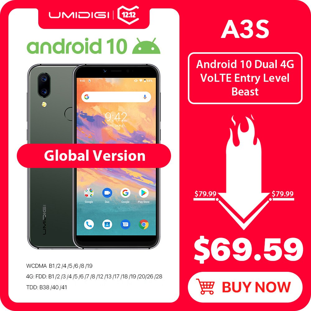 UMIDIGI A3S Android 10 Global Band 3950mAh Dual Rear Camera 5.7" Smartphone 13MP Selfie Triple Slots Dual 4G VoLTE Celular