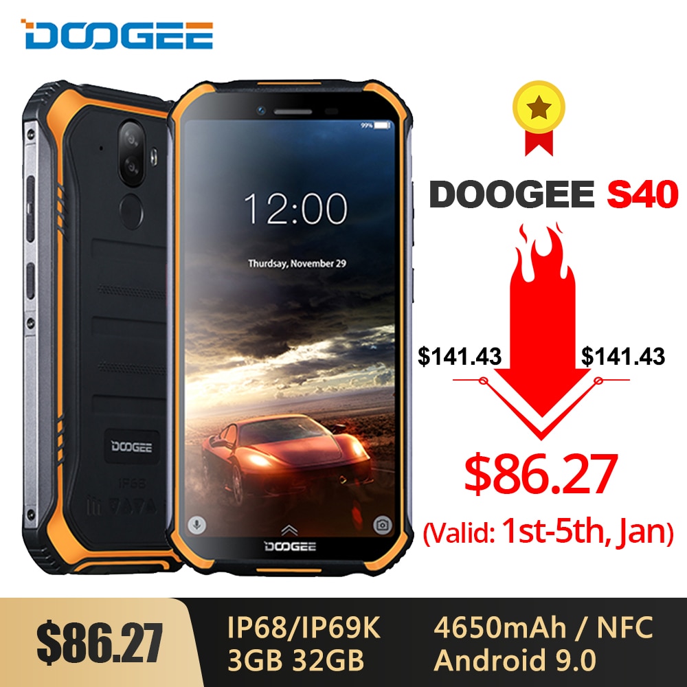 DOOGEE S40 IP68/IP69K 4G Rugged Mobile Phone 3GB RAM 32GB ROM Android 9.0 5.5 inch 4650mAh MT6739 Quad Core 8.0MP 4G Smartphone