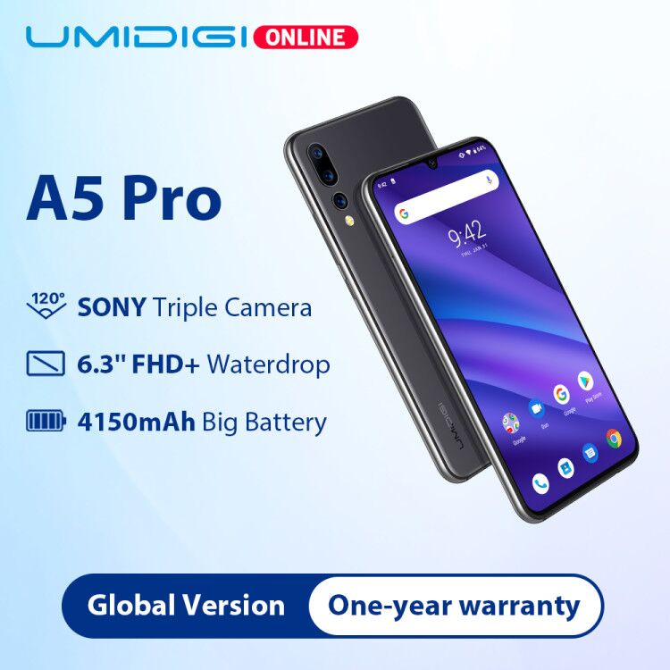 UMIDIGI A5 Pro Global Version16MP Triple Camera Android 9.0 6.3' FHD+4150mAh Big Battery Octa Core 4GB+32GB Smartphone 2+1 Slots