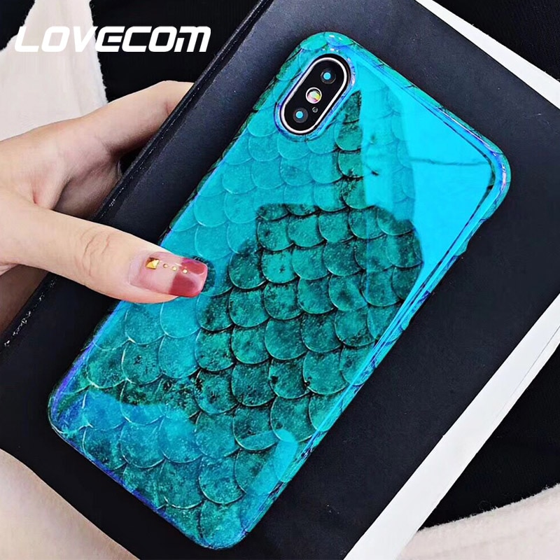 LOVECOM Blu-Ray Phone Case For iPhone 11 Pro Max XR XS Max X 8 7 6 6S Plus Laser Blue Fish Scale Soft IMD Phone Back Cover Cases