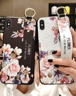 Rose Flowers Wrist Strap phone Cases For iphone 11 pro MAX X XR XS MAX 7 8 6 6s Plus Cover Hand Band Cases Soft TPU Relief Capa