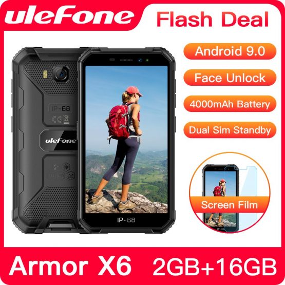 Ulefone Armor X6 IP68 Waterproof Rugged Smartphone 2GB +16GB Android 9.0 4000mAh Face ID 8MP Cellphone Outdoor 3G Mobile Phone