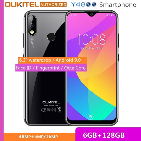 OUKITEL Y4800 6.3" FHD+ Big Screen Smartphone Android 9.0 Octa Core 6G 128G Fingerprint 4000mAh 9V/2A Face ID Mobile Phone