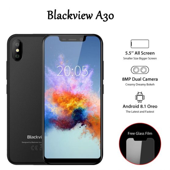 Blackview A30 5.5inch Smartphone Quad Core Mobile Phone 19:9 Full Screen 3G Cellphone MTK6580A Face ID 2GB+16GB Android 8.1