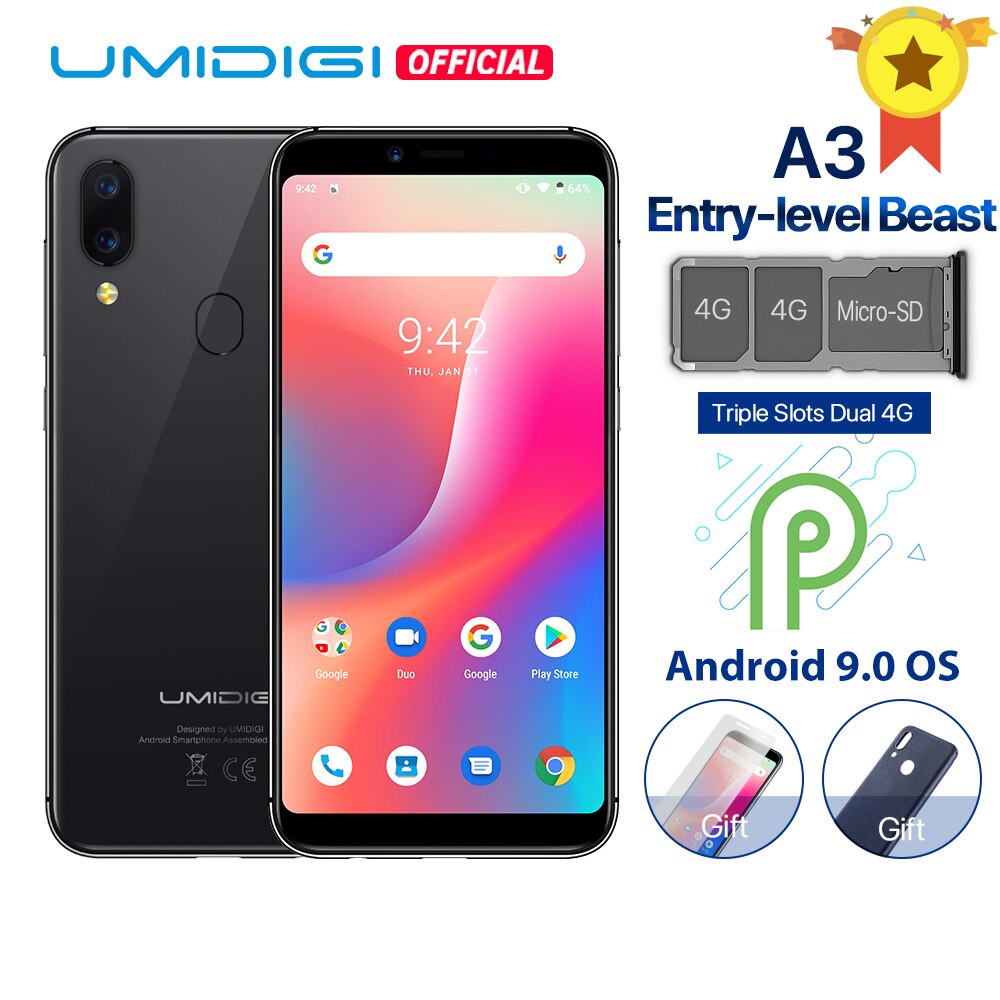UMIDIGI A3 Android 9.0 Global Band 5.5"incell HD+display 2GB+16GB smartphone Quad core 12MP+5MP Face Unlock Dual 4G Mobile phone