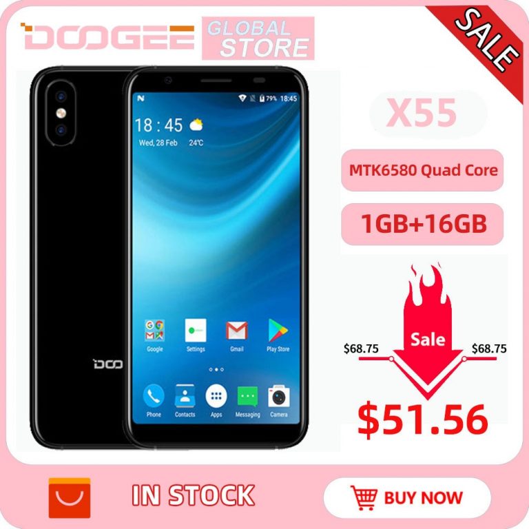 2018 DOOGEE X55 Android 7.0 5.5 Inch 18:9 HD MTK6580 Quad Core 16GB ROM Dual Camera 8.0MP 2800mAh Side Fingerprint Smartphone