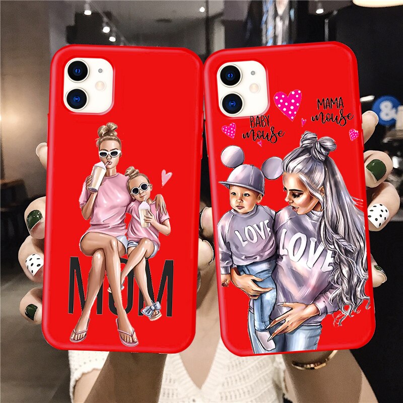 Baby Mouse Mama Mouse Super Mom Girl Phone Case For iphone 11 Pro Max X XS Max XR Red Super mother family for iphone 7 6s 8 Plus