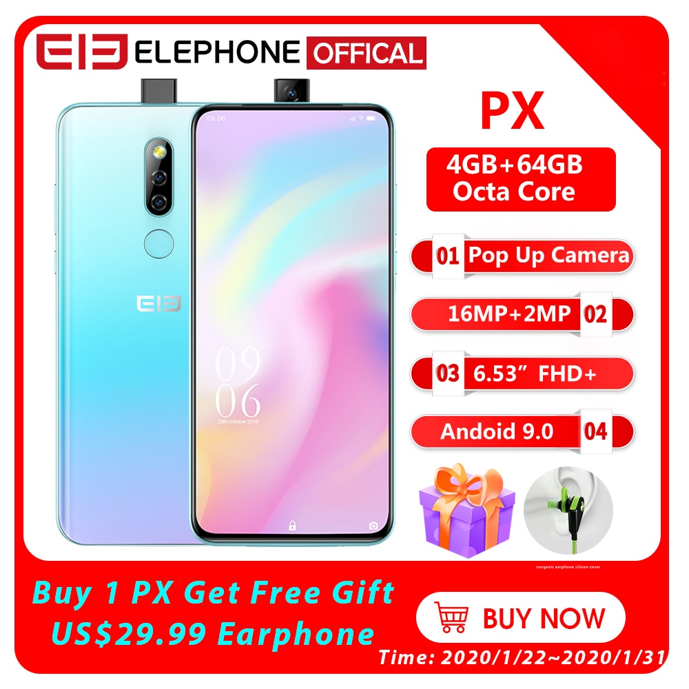 Elephone PX 6.53" FHD+Full Screen Pop-Up 16MP+2MP Camera 3300mAh Mobile Phone Android 9.0 MT6763 Octa Core 4GB+64GB Smartphone