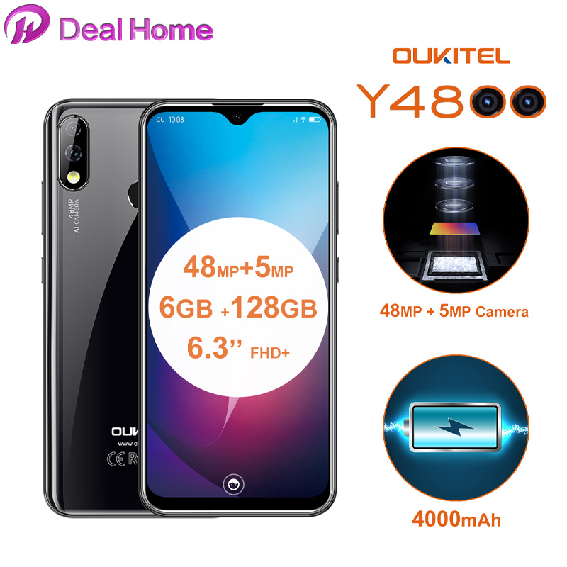 Oukitel Y4800 6.3"19.5:9 Screen Android 9.0 6G RAM 128G ROM Smartphone 4000mAh Battery 48MP+5MP Fingerprint Face ID Mobile Phone