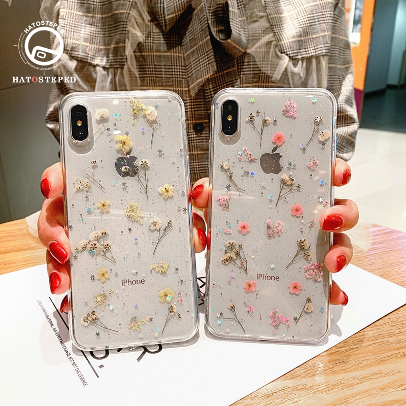 For Iphone 11 Pro X 7 Real Flower Transparent Floral Phone Case For Iphone 11 Pro X Max XR XS 6 6s 7 8 Plus soft Silicone Cover