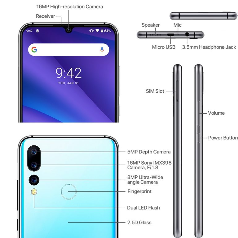 UMIDIGI A5 Pro Global Version16MP Triple Camera Android 9.0 6.3' FHD+4150mAh Big Battery Octa Core 4GB+32GB Smartphone 2+1 Slots