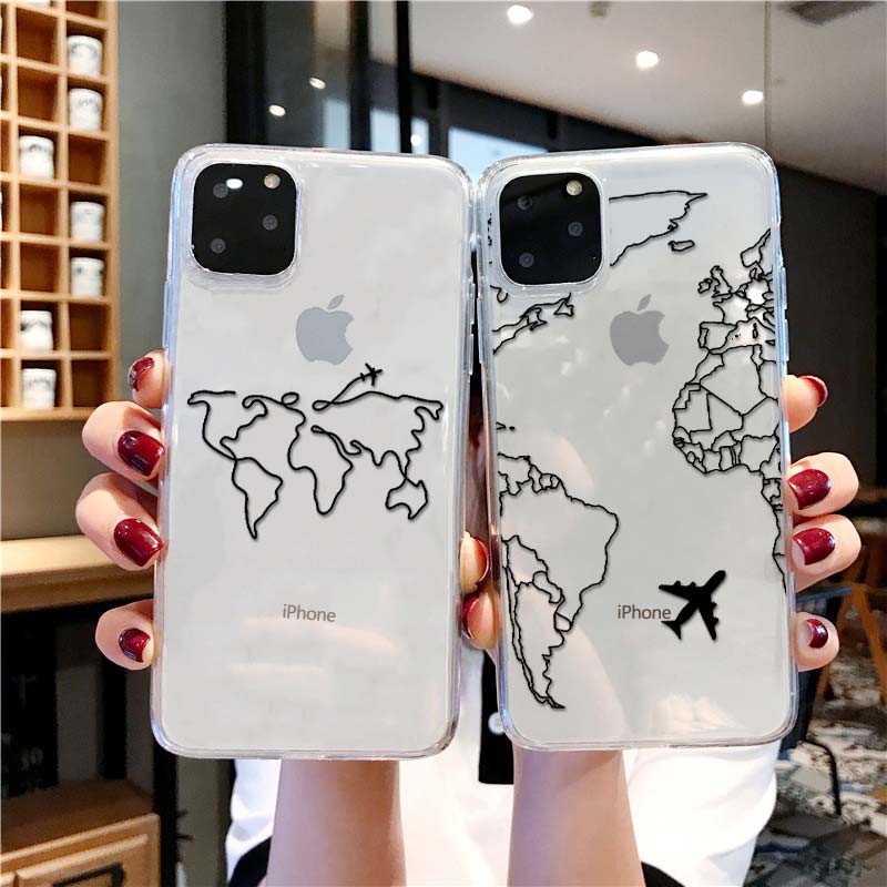Luxury World Map Travel Soft TPU Phone Case For iPhone 11 Pro XR XS Max Clear Silicone Cover for iPhone 6 7 8 Plus