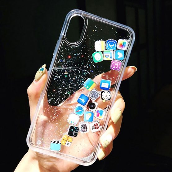 luxury Dynamic liquid Glitter Phone Case For iPhone 11 Pro 6 7 8 Plus Quicksand Cover Cute APP icon Case For iPhone X XR XS MAX