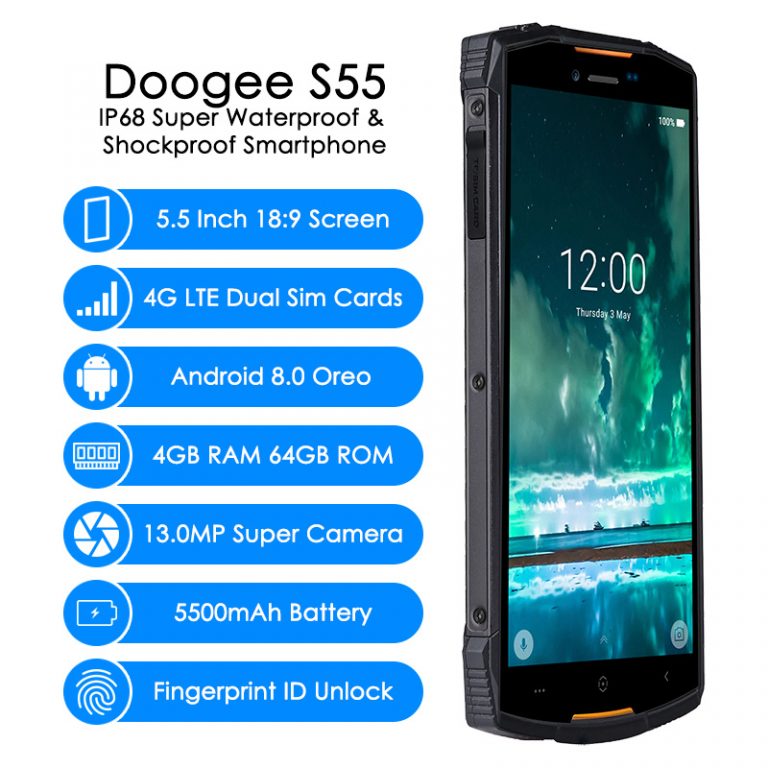 Doogee S55 4G LTE Dual Sim IP68 Smartphone Android 8.0 Octa Core 4G+64G