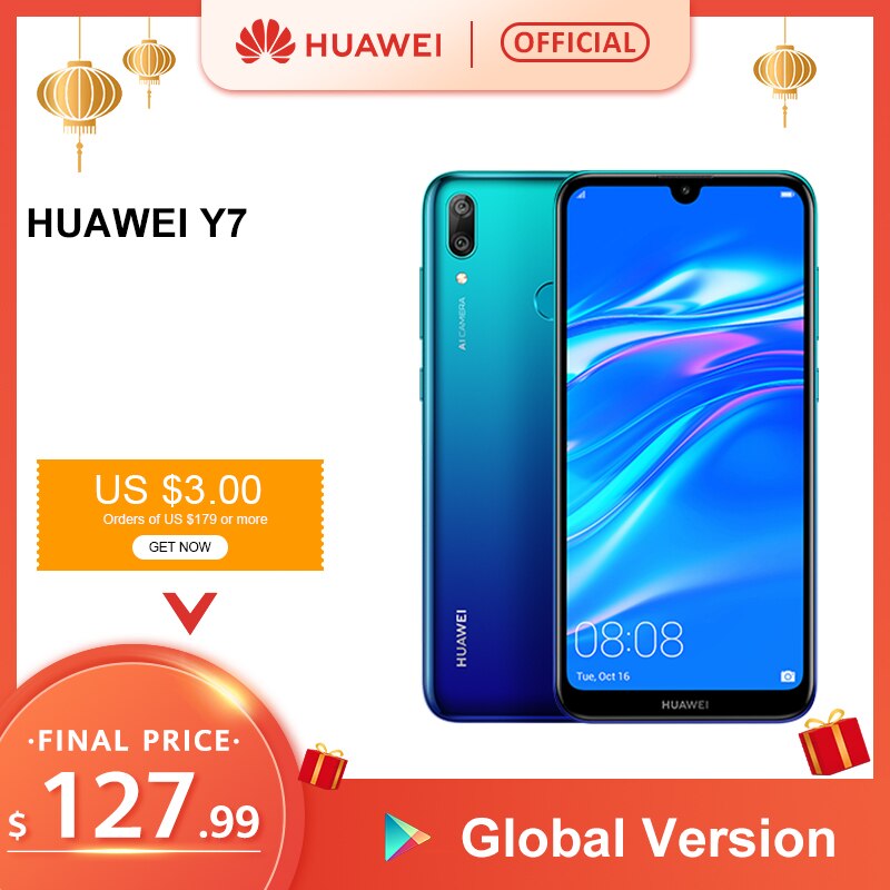 Global Version HUAWEI Y7 2019 Smartphone 3GB 32GB 4000mAh 6.26 Inch Face ID Unlock Dual AI Camera Snapdragon 450 Android Phone