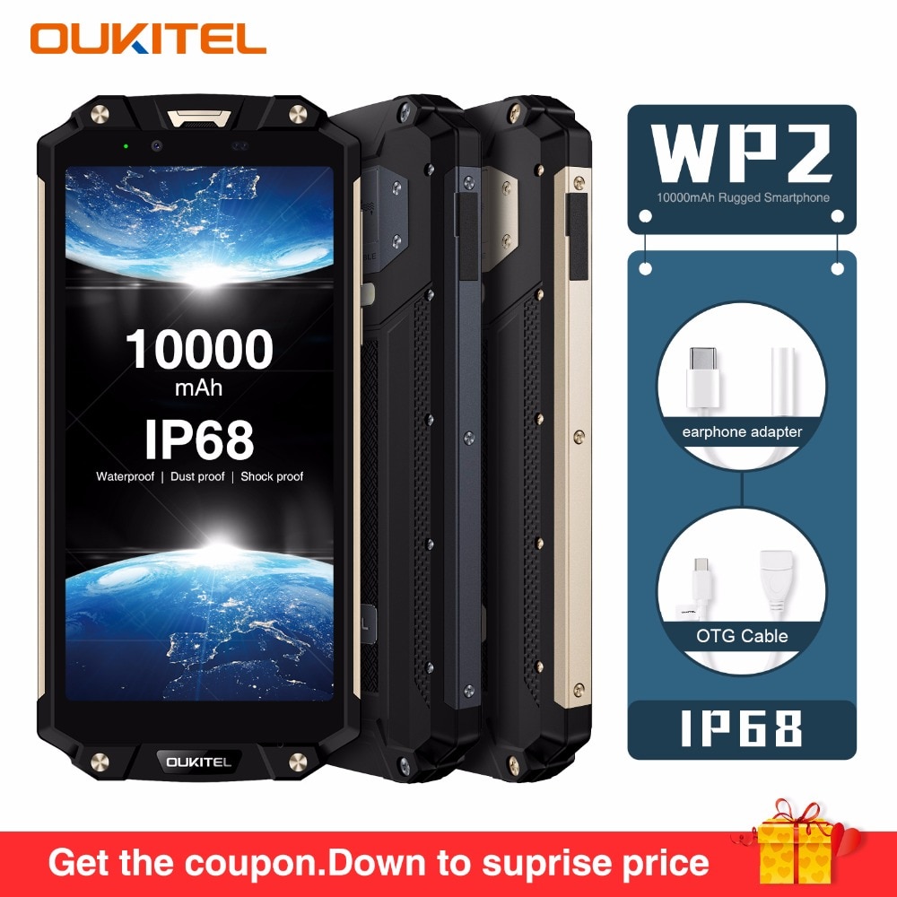 OUKITEL WP2 IP68 Waterproof Dust Shock Proof Mobile Phone 4GB 64GB MT6750T Octa Core 6.0" 18:9 10000mAh Fingerprint Smartphone