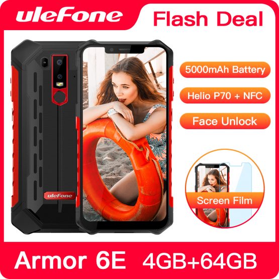 Ulefone Armor 6E IP68 Waterproof NFC Rugged Mobile Phone Helio P70 Otca-core Android 9.0 4GB+64GB Wireless Charge Smartphone