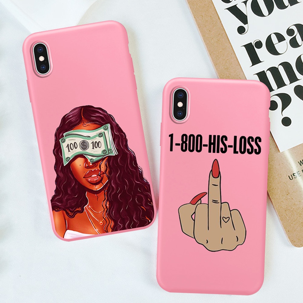 ciciber Melanin Poppin Black Girl Phone case for iPhone 11 Pro Max 7 8 6s Plus X XR XS Max Matte Pink Silicone TPU Cases Fundas