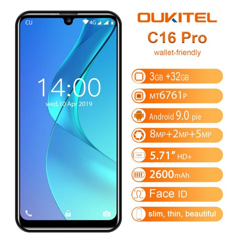 OUKITEL C16 Pro Smartphone 3GB 32GB LTE 2600mAh Face ID Mobile Phone