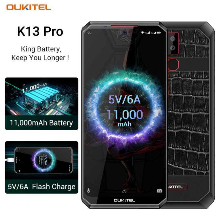OUKITEL K13 Pro Android 9.0 Mobile Phone 6.41" 19.5:9 Screen MT6762 4G RAM 64G ROM 5V/6A 11000mAh OTA NFC Fingerprint Smartphone