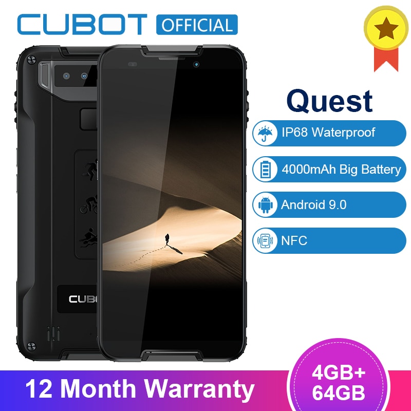 Cubot Quest Sports Phone Android 9.0 IP68 Waterproof MT6762 Octa-Core 4GB 64GB 4000mAh 2.0Ghz 6P Lens Dual Camera NFC Smartphone