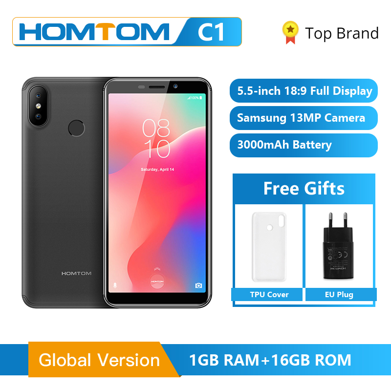 Original HOMTOM C1 1GB RAM 16GB ROM Quad Core Mobile Phone 5.5 inch 18:9 Full Display 13MP Rear Camera Smartphone Fingerprint