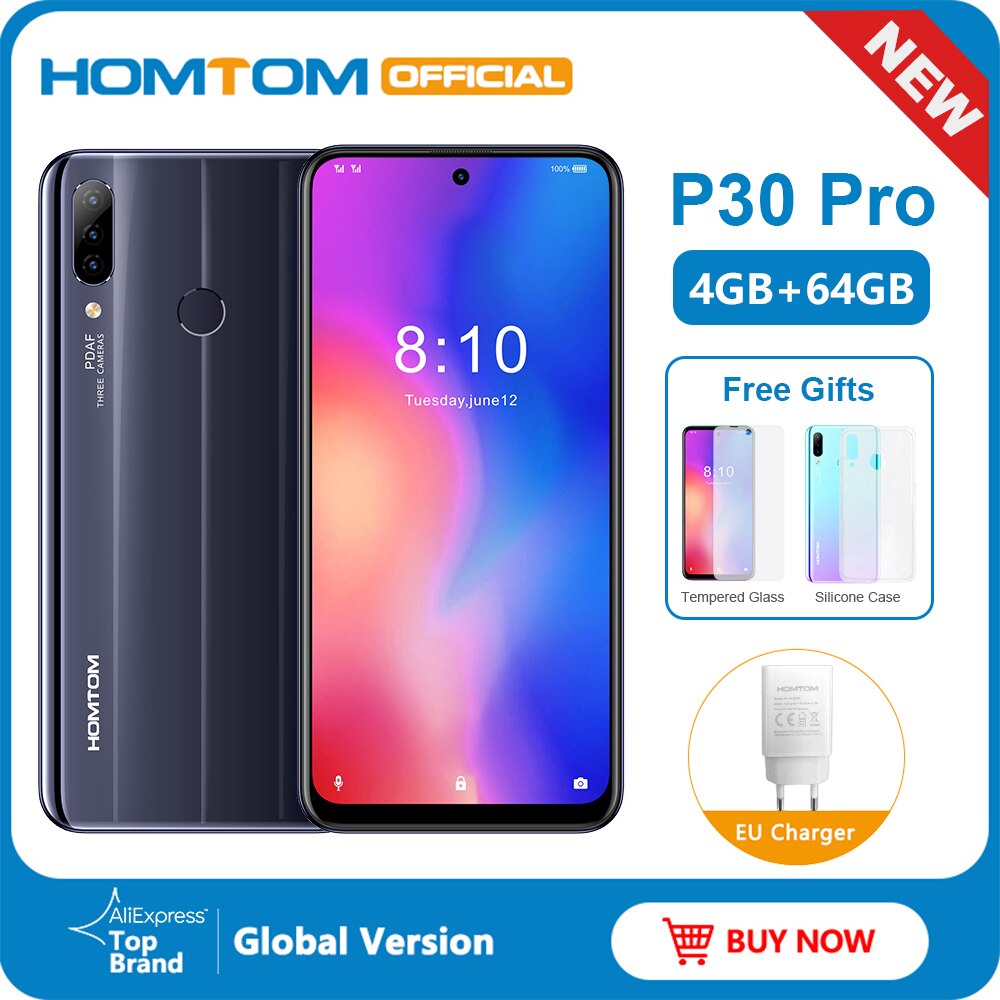 HOMTOM P30 pro Android 9.0 Helio P23 MTK6763 Octa Core 4GB 64GB Smartphone 6.41inch 4000mAh 4G FDD-LTE Glass case Mobile Phone