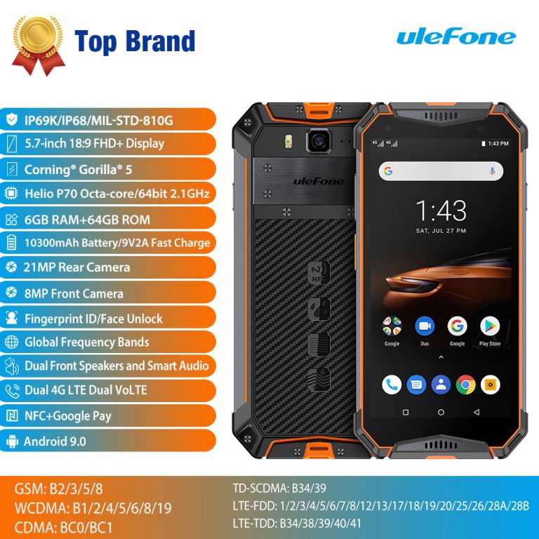 Ulefone Armor 3W Rugged Smartphone Android 9.0 IP68 5.7" Helio P70 6G+64G 10300mAh Cell Phone 4G Dual SIM Mobile Phone Android 2 Ulefone Armor 3W Rugged Smartphone - 6GB RAM, 10300mAh, Helio P70, IP68, 5.7" Display, Dual SIM, Android
