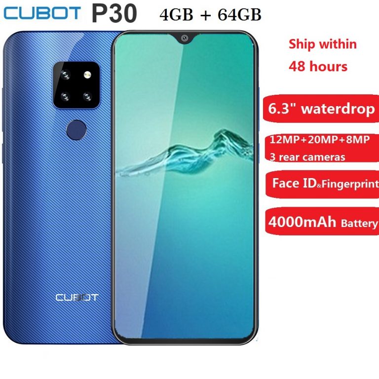 Cubot P30 Smartphone 6.3" 2340x1080p 4GB+64GB Android 9.0 Pie Helio P23 AI Cameras Face ID 4000mAh Cell Phone for Dropshipping