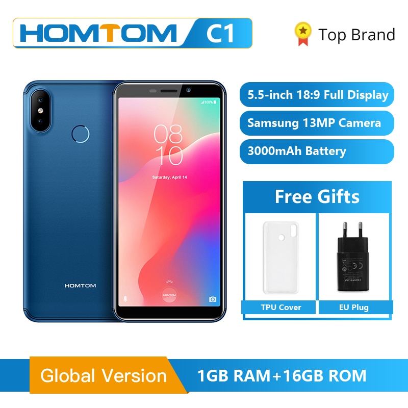 Global Version HOMTOM C1 16GB 5.5Inch Mobile Phone 13MP Camera Fingerprint 18:9 Display Android 8.1 MT6580A Unlock Smartphone