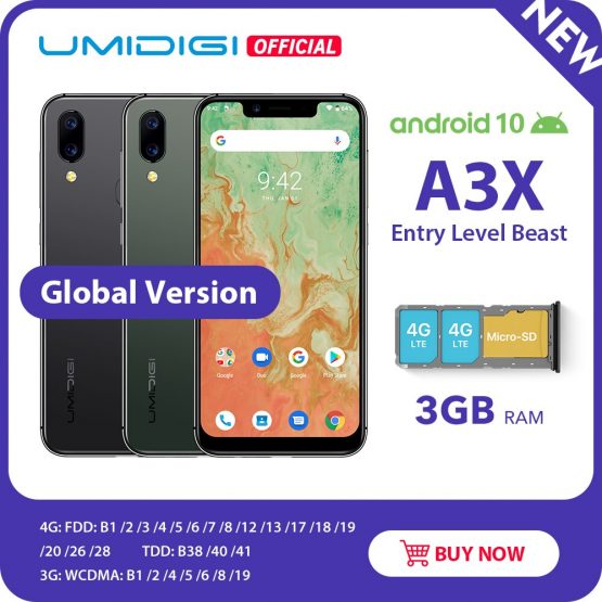 UMIDIGI A3X Android 10 Global Version 3GB RAM 5.7" Smartphone Dual Rear Camera 13MP Selfie MT6761 Dual 4G Triple Slots 3300mAh