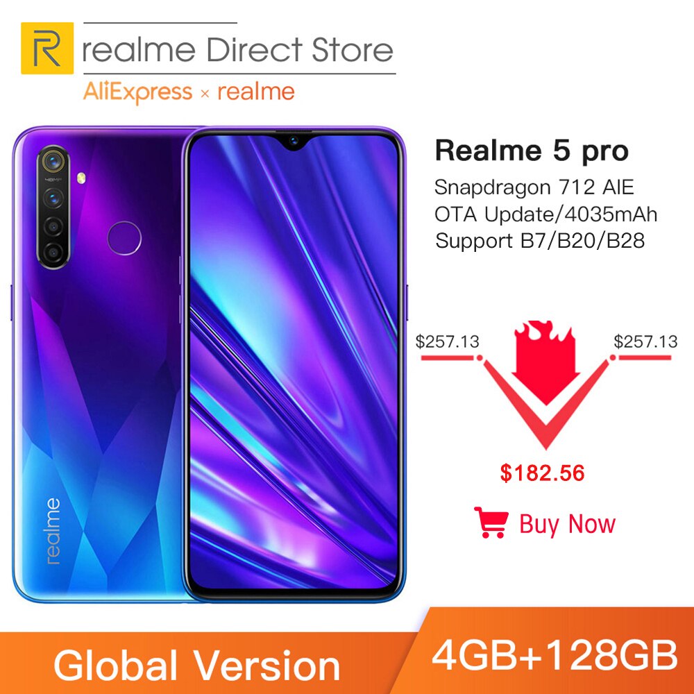 Global Version Realme 5 Pro 4GB RAM 128GB Mobile Phone Snapdragon 712AIE 48MP Quad Camera Smartphone 4035mAh Fast Charger