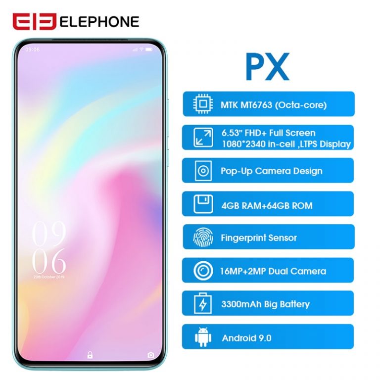 Elephone PX 6.53" FHD+ Full Screen 16MP Pop Up Camera Quad Core Global Mobile phone Android 9.0 Fingerprint Smartphone 2019