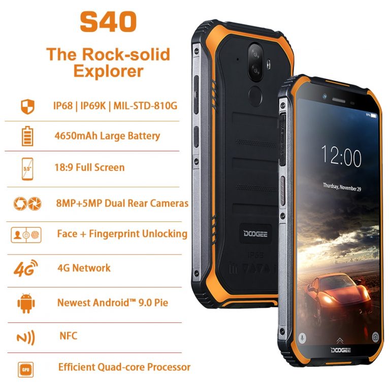 DOOGEE S40 IP68/IP69K 4G Rugged Mobile Phone 3GB RAM 32GB ROM Android 9.0 5.5 inch 4650mAh MT6739 Quad Core 8.0MP 4G Smartphone